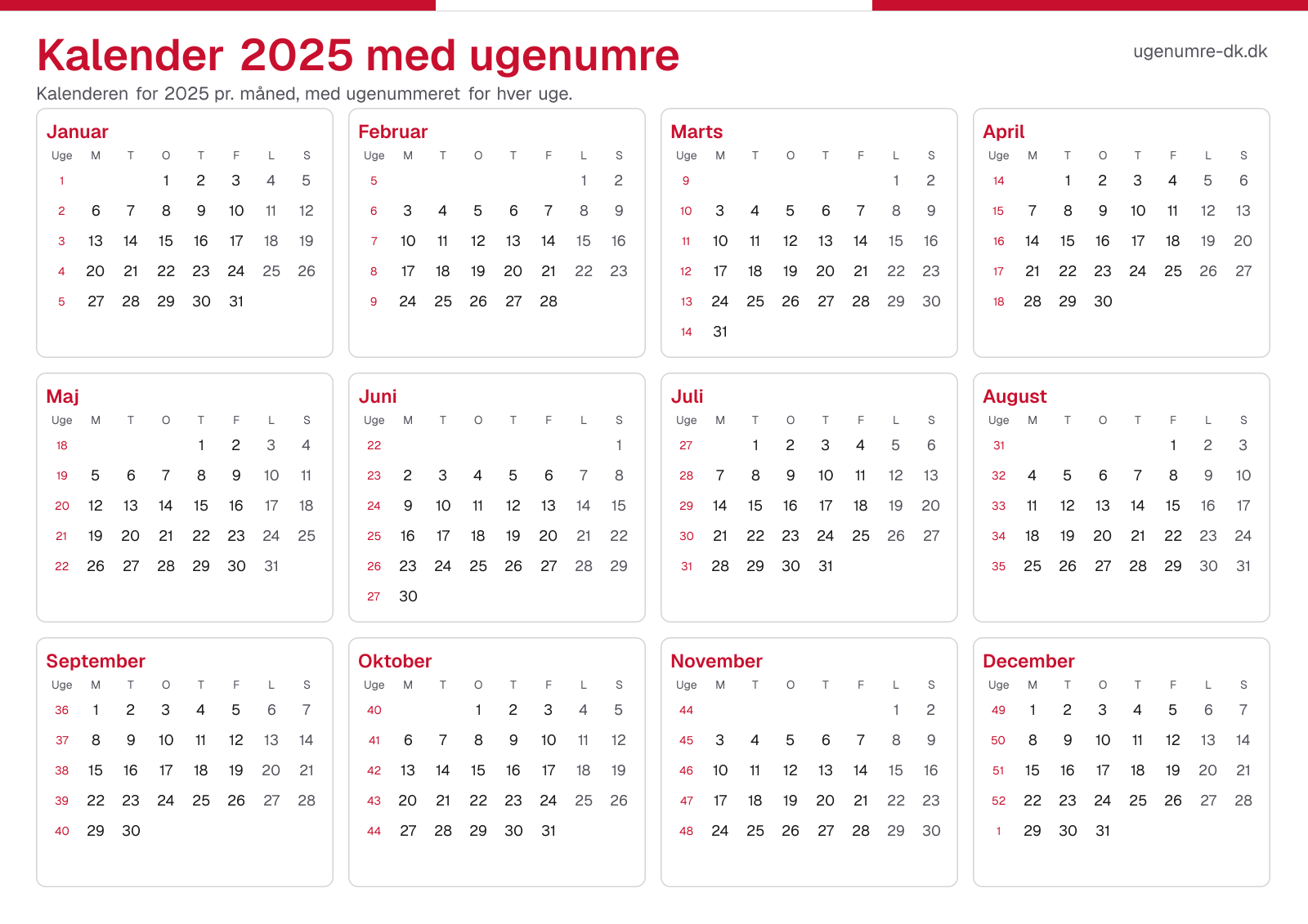 Kalender 2025 med ugenumre