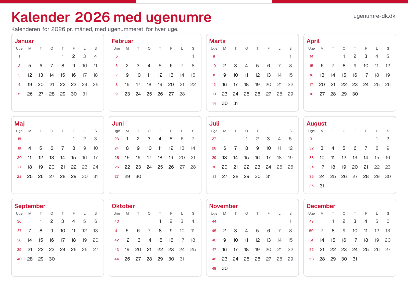 Kalender 2026 med ugenumre