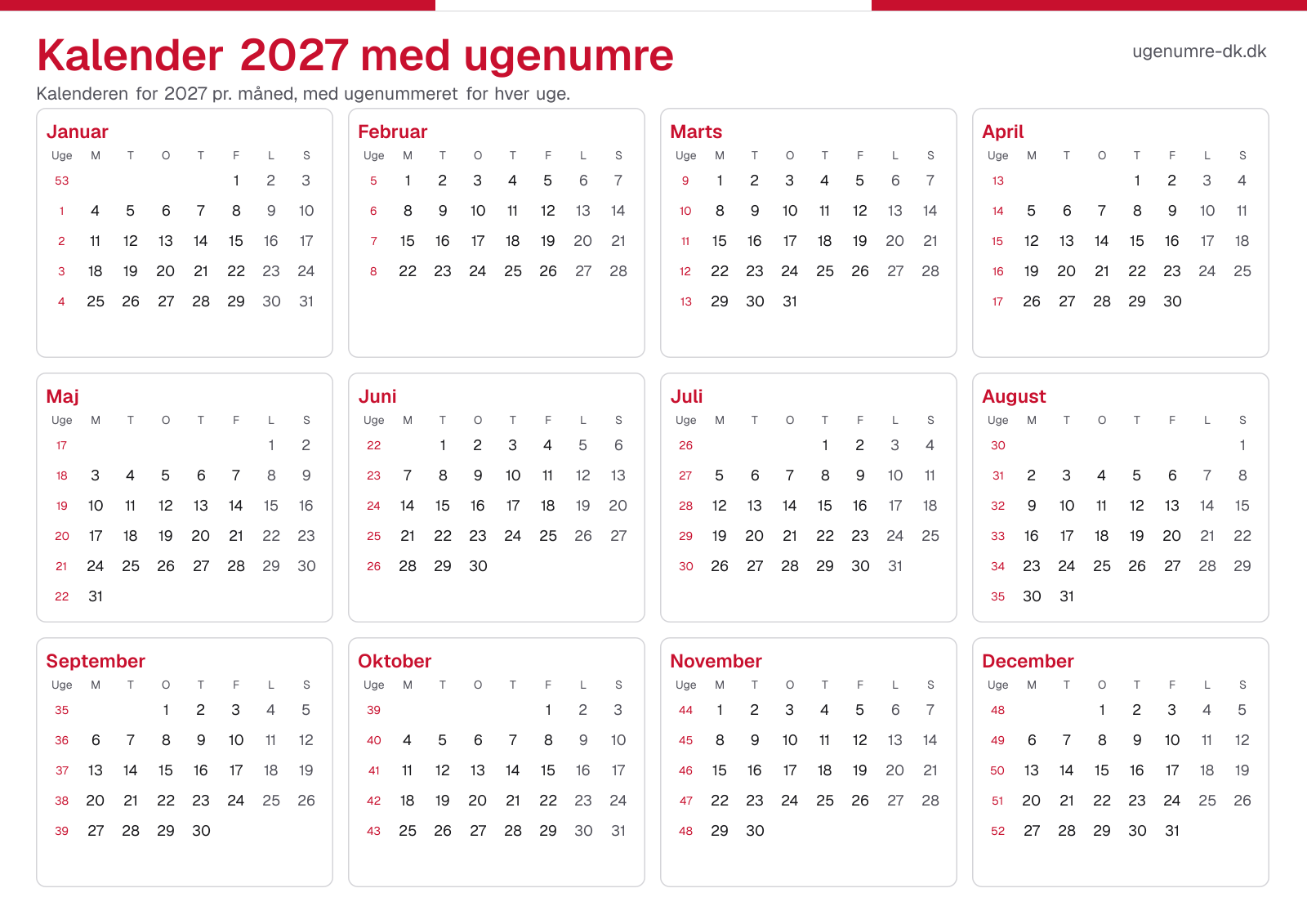 Kalender 2027 med ugenumre