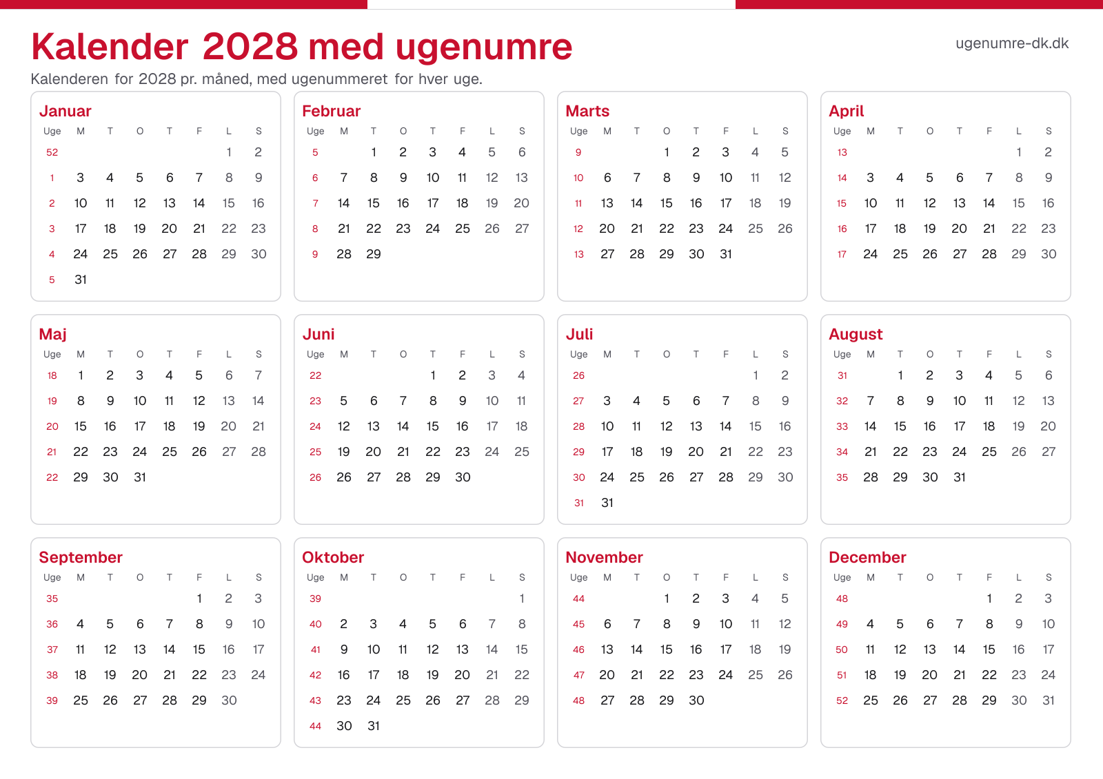 Kalender 2028 med ugenumre