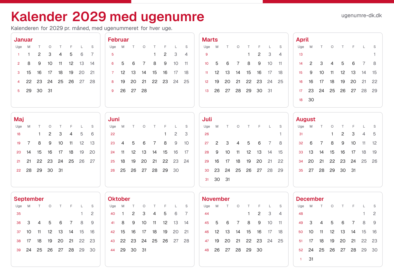 Kalender 2029 med ugenumre
