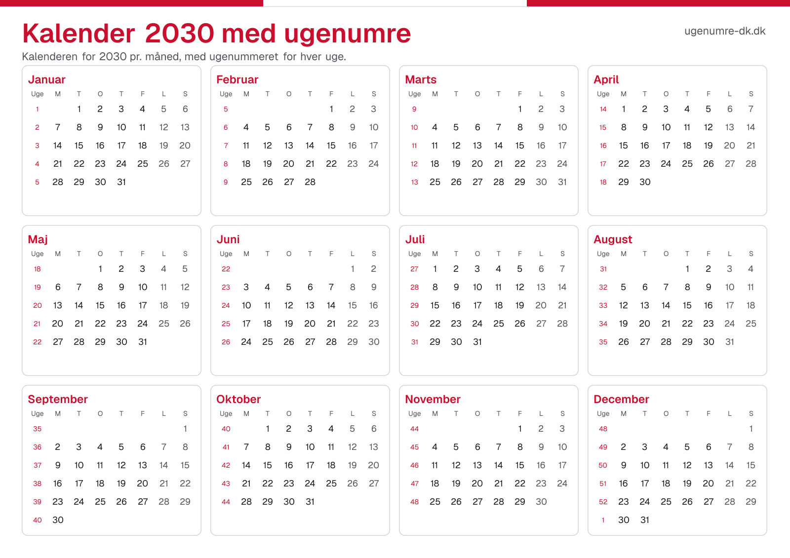 Kalender 2030 med ugenumre