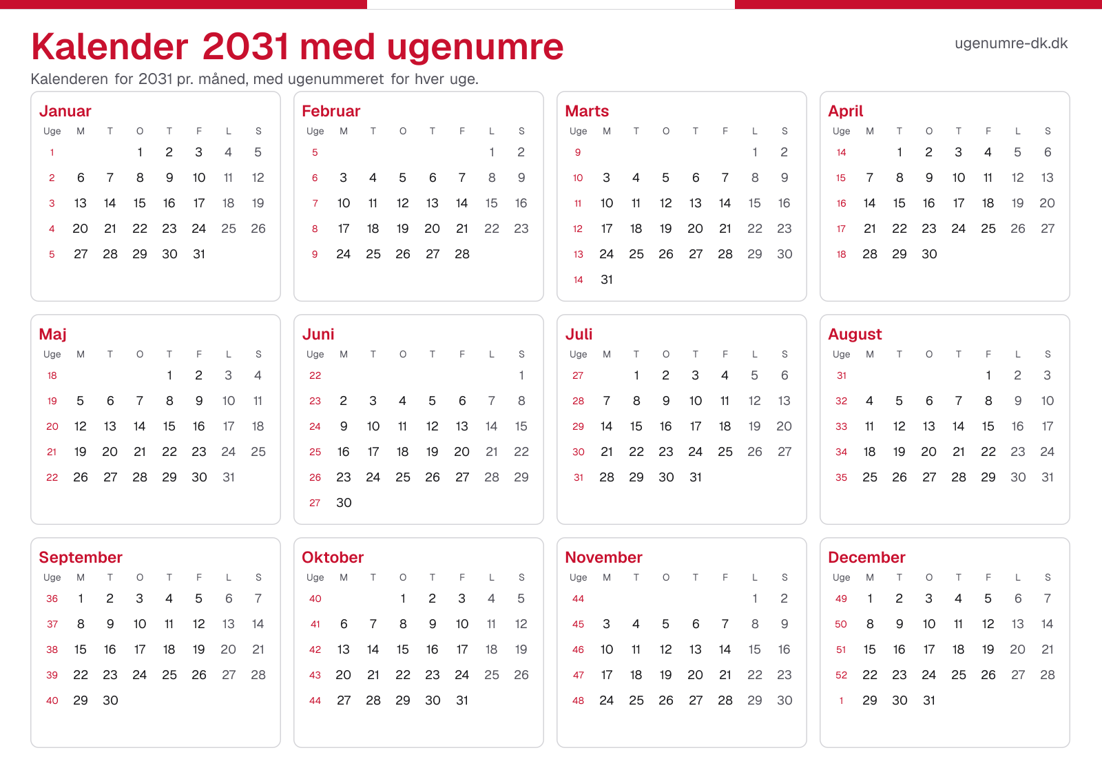 Kalender 2031 med ugenumre